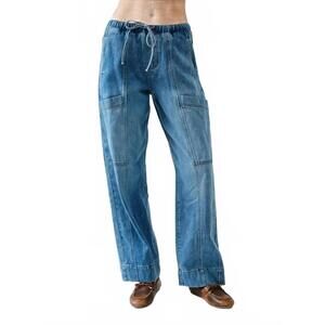 NEW AARON & AMBER drawstring waist straight soft denim pants in blue